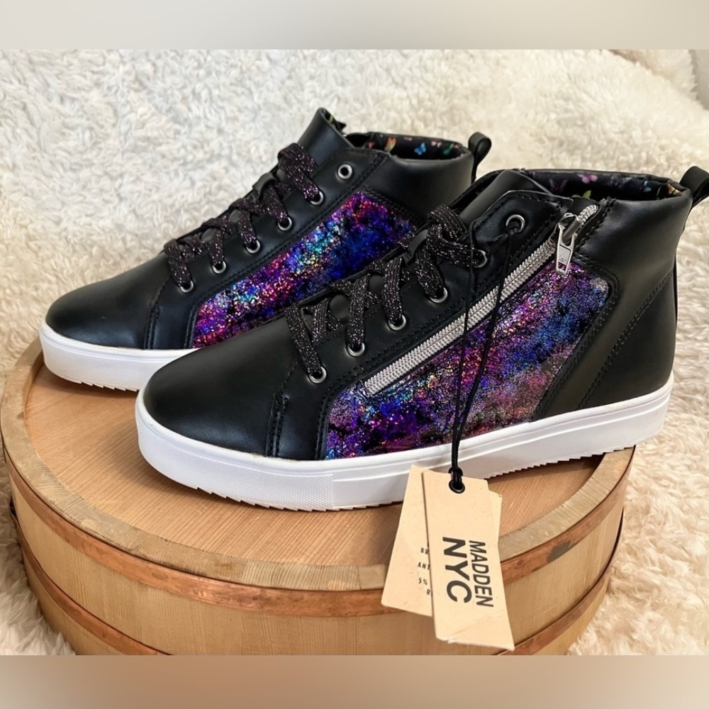 Madden NYC Women's Black and Purple Glitter Sneakers